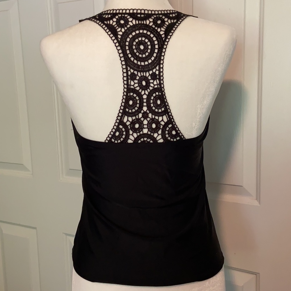 Lacey black T-back tankini swim top with lightly padded cups & 21” in length
